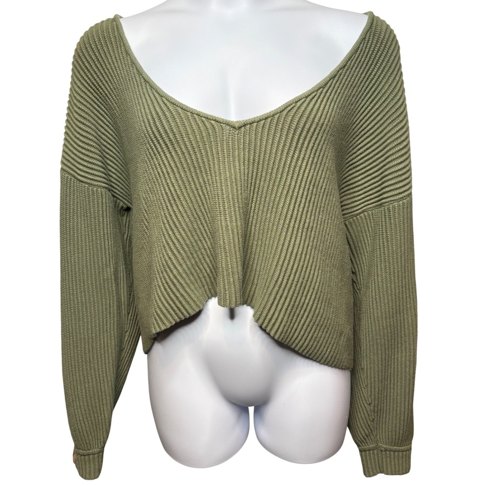 LUNYA Women Sage Green Ribbed Oversized Cropped Sweater M Quiet Luxury Coziness